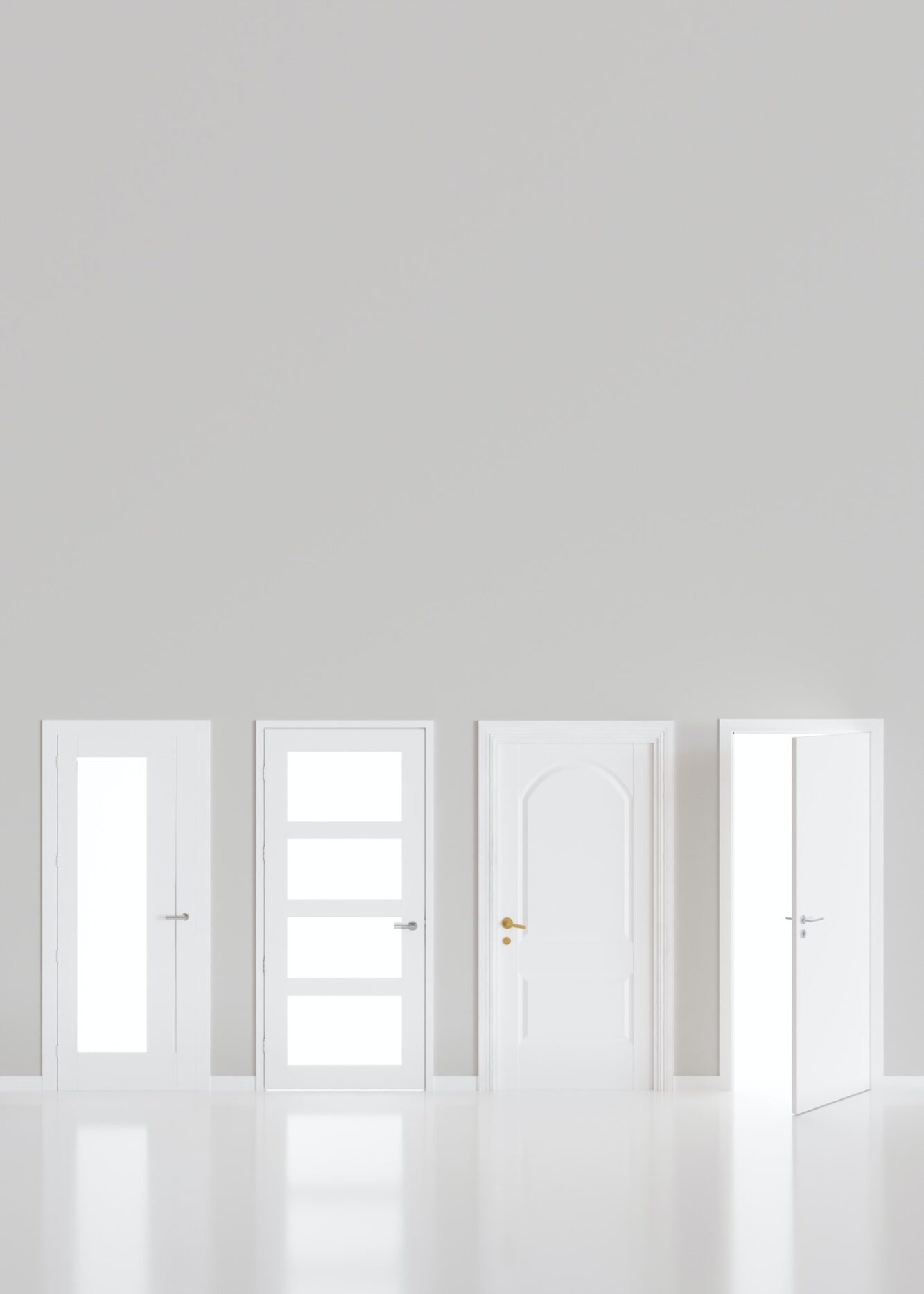 Modern white doors in empty room. Copy space for text, advertising.